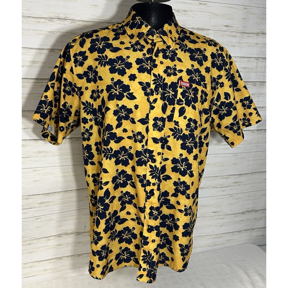 Dixxon Aloha Series Button Up Shirt LARGE YELLOW Blue Floral D-Lite Beach Resort